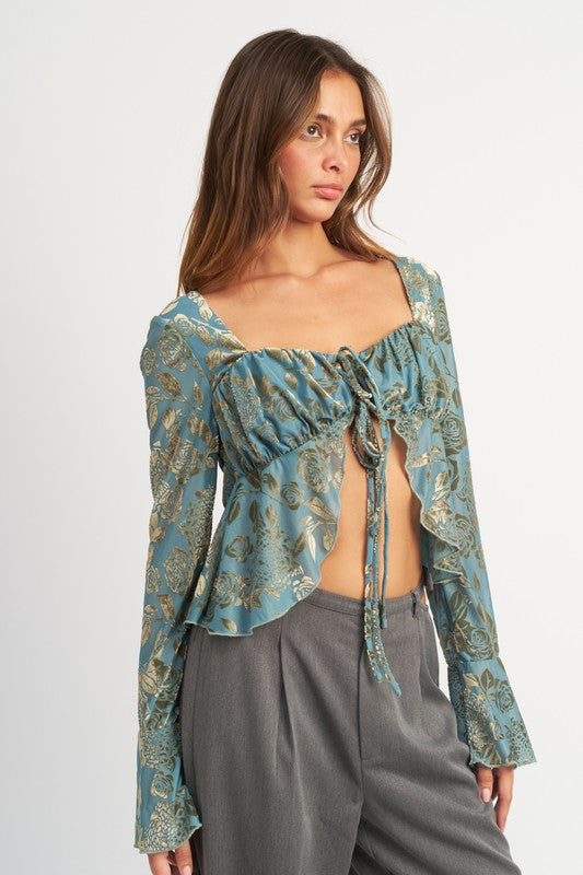 SHIRRRING TIE TOP WITH LONG SLEEVE - Style Boutiqe