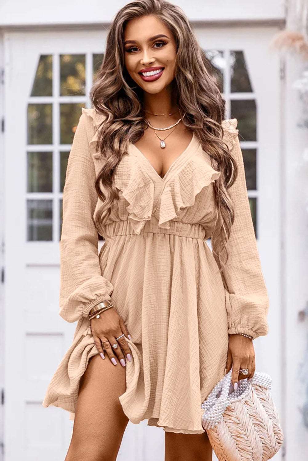 RUFFLE TRIM V-NECK LONG SLEEVE MINI DRESS