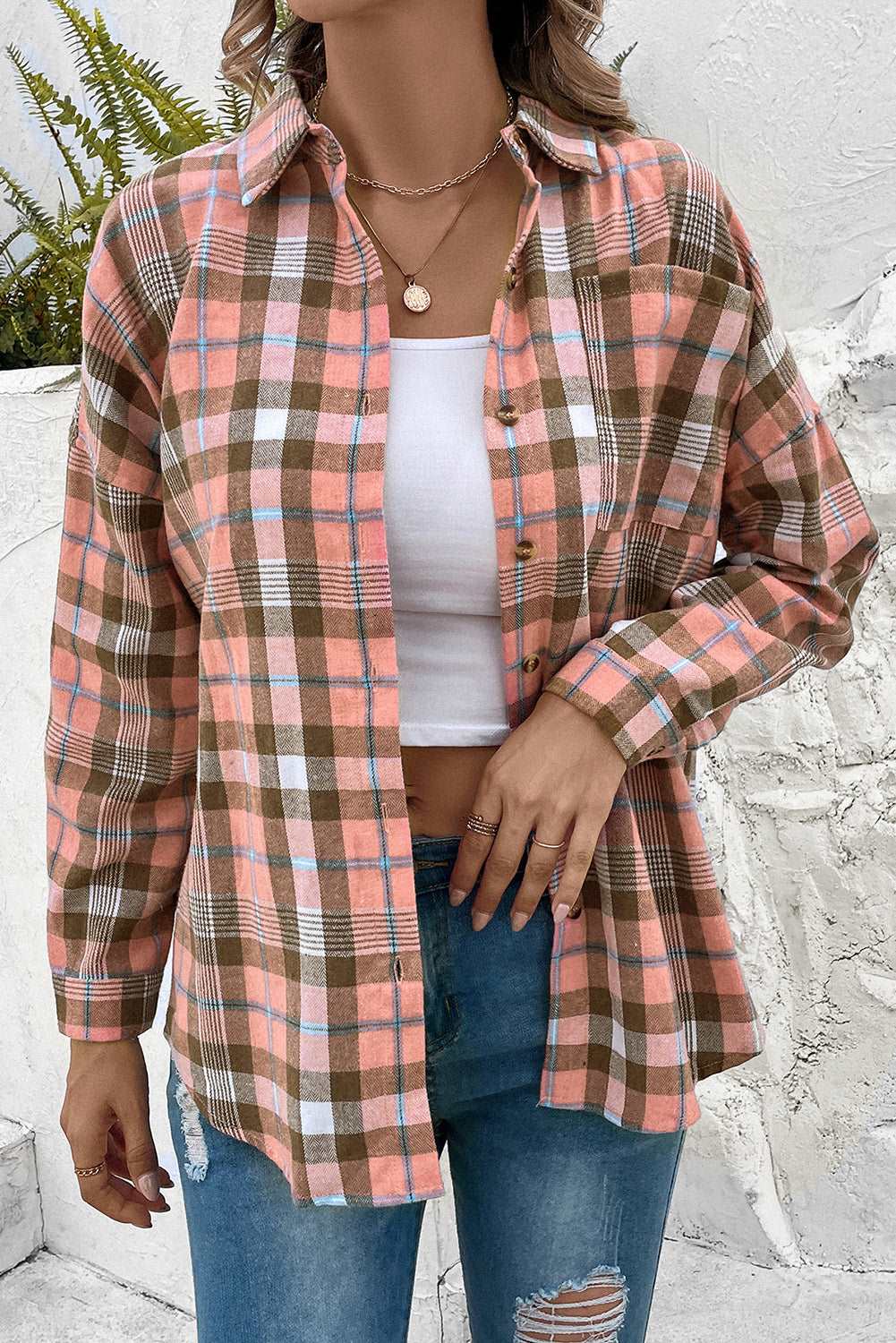 PLAID COLLARED NECK LONG SLEEVE BUTTON-UP SHIRT