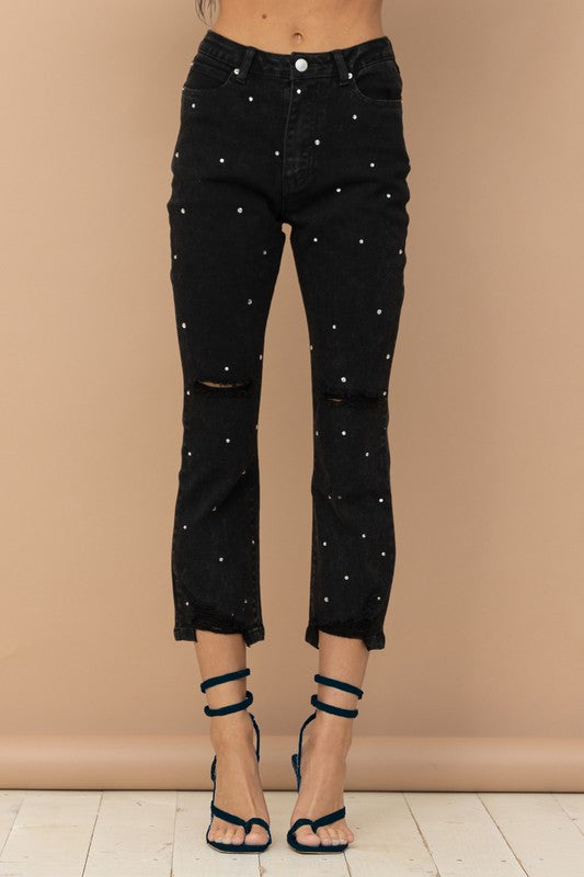 STUDDED RHINESTONE DISTRESSED DENIM JEANS - Style Boutiqe